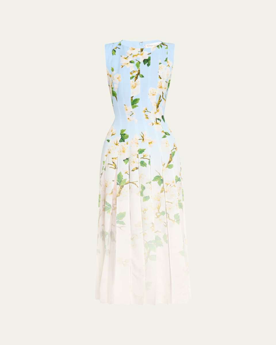 Sleeveless Cherry Blossom Pleated Cady Midi Dress